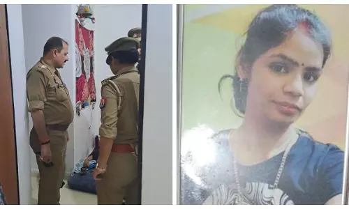 मामले की जाँच करती पुलिस व मृतका आयुषी मिश्रा (28) दाएं।