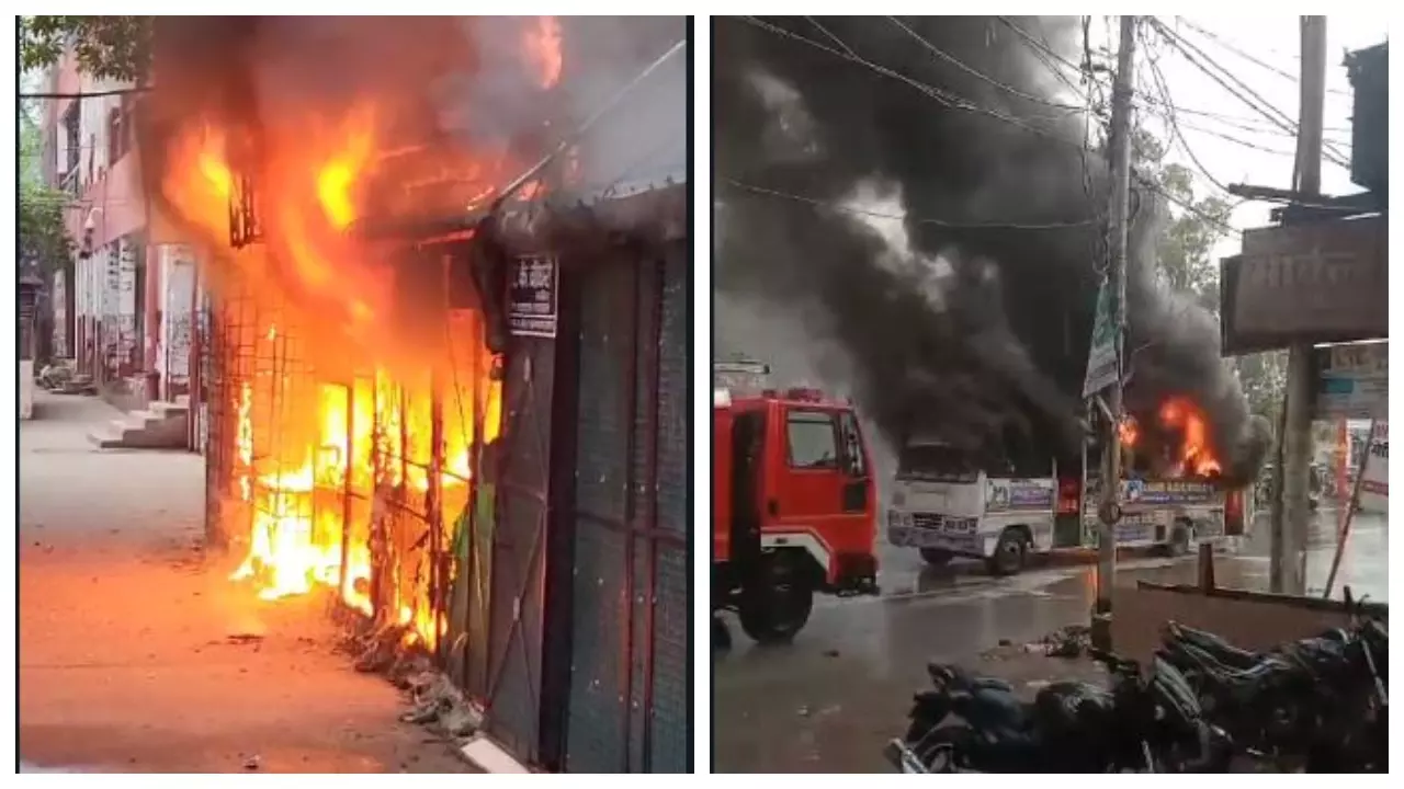 वकीलों के चैम्बर में लगी आग (बाएं), चरक हॉस्पिटल के सामने जली सिटी बस (दाएं)