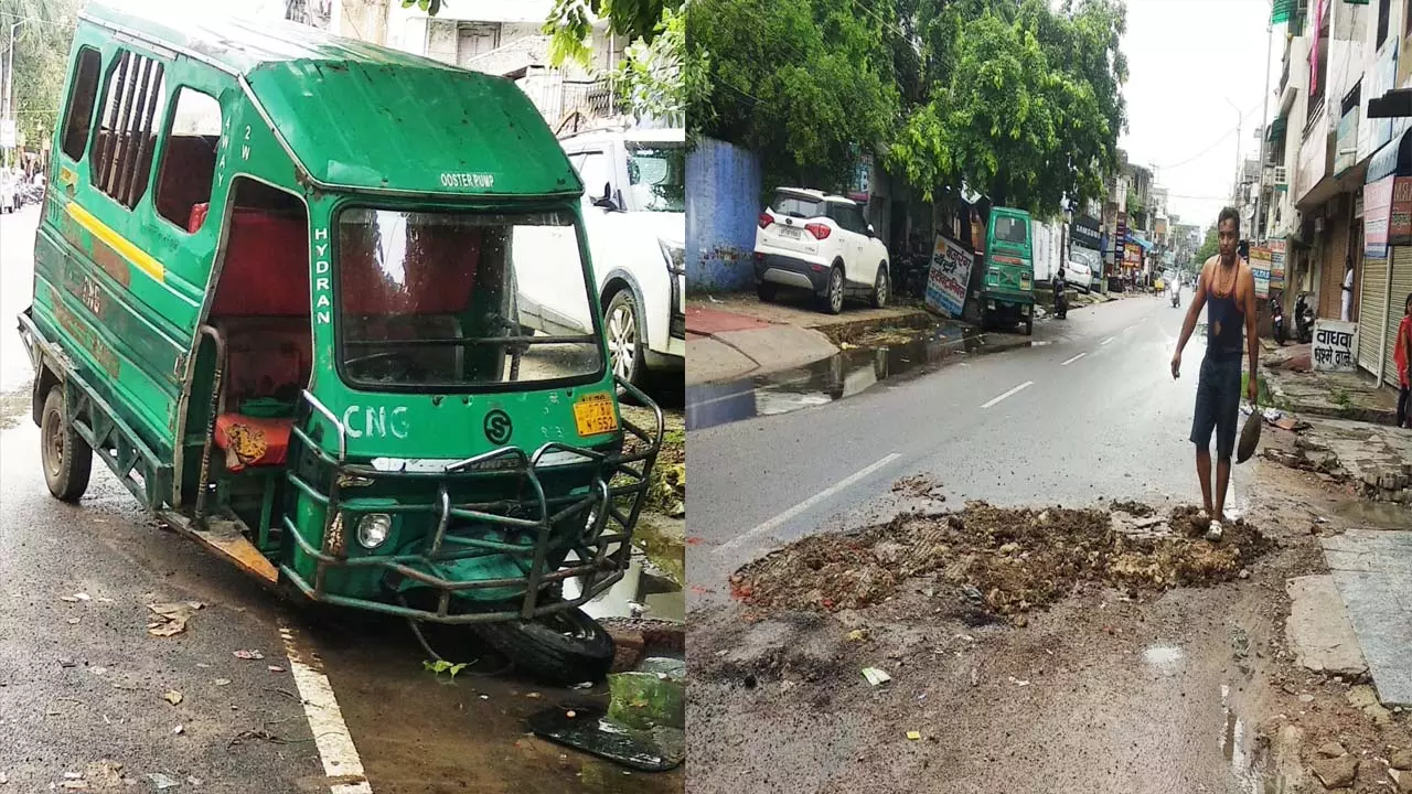 Tempo lost control and overturned due to water in the potholes, driver died