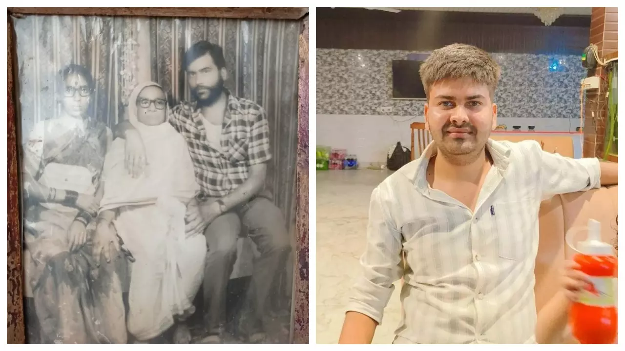 घर में लगी एक पुरानी तस्वीर में अपनी माँ-बहन के साथ स्व. शिवकमल पांडेय (बाएं) मृतक ऋतिक पांडेय (दाएं)