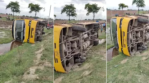 School bus overturned again on the side of the road, students injured School bus overturned again on the side of the road, students injured