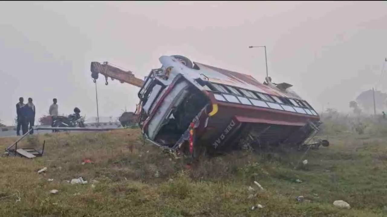 Double decker bus overturned