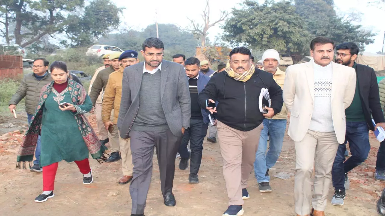 District Collector Deepak Meena inspects construction site of Major Dhyanchand Khel University under construction in Salawa