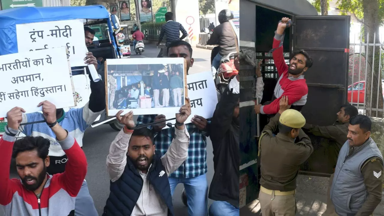 Students of Lucknow University NSUI protested over issue migrants coming to India from America shackled feet