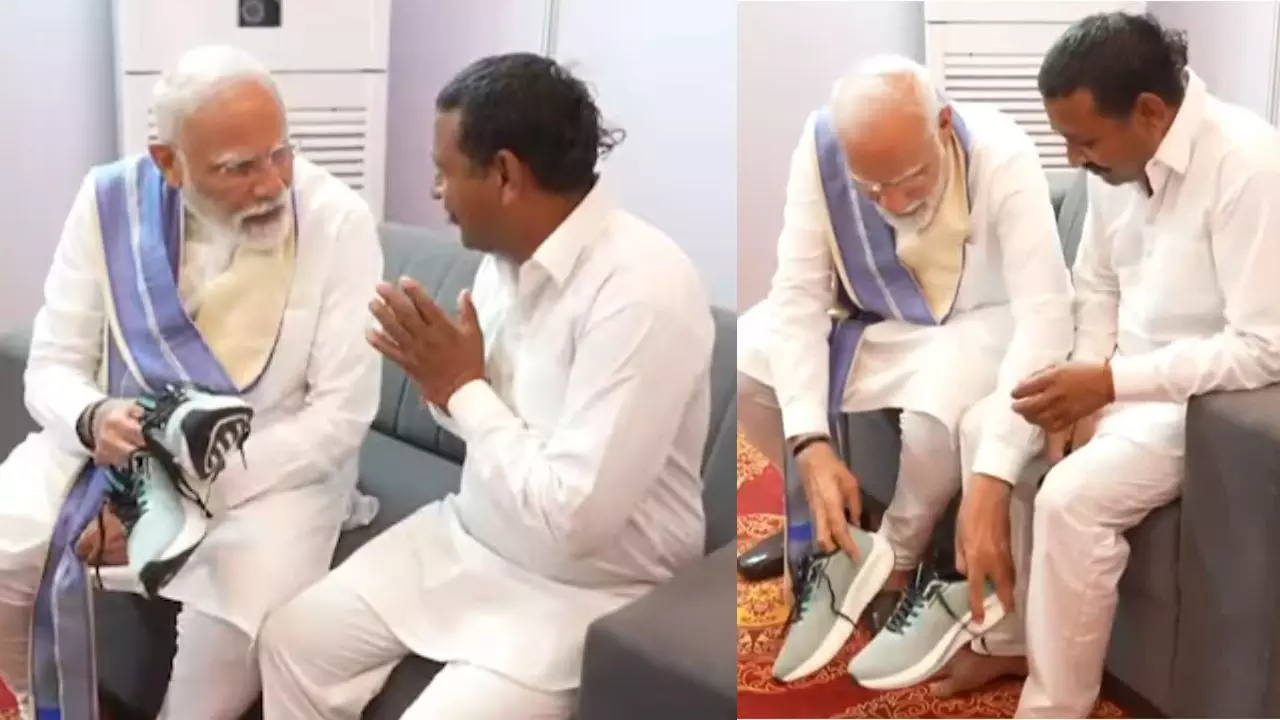 pm modi meets barefoot admirer rampal kashyap in haryana making him wear footwear
