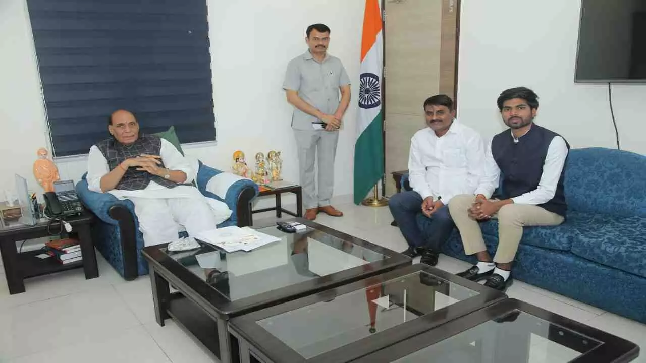 Hrithik Kesari with father Santosh Kesari met Defence Minister Rajnath Singh