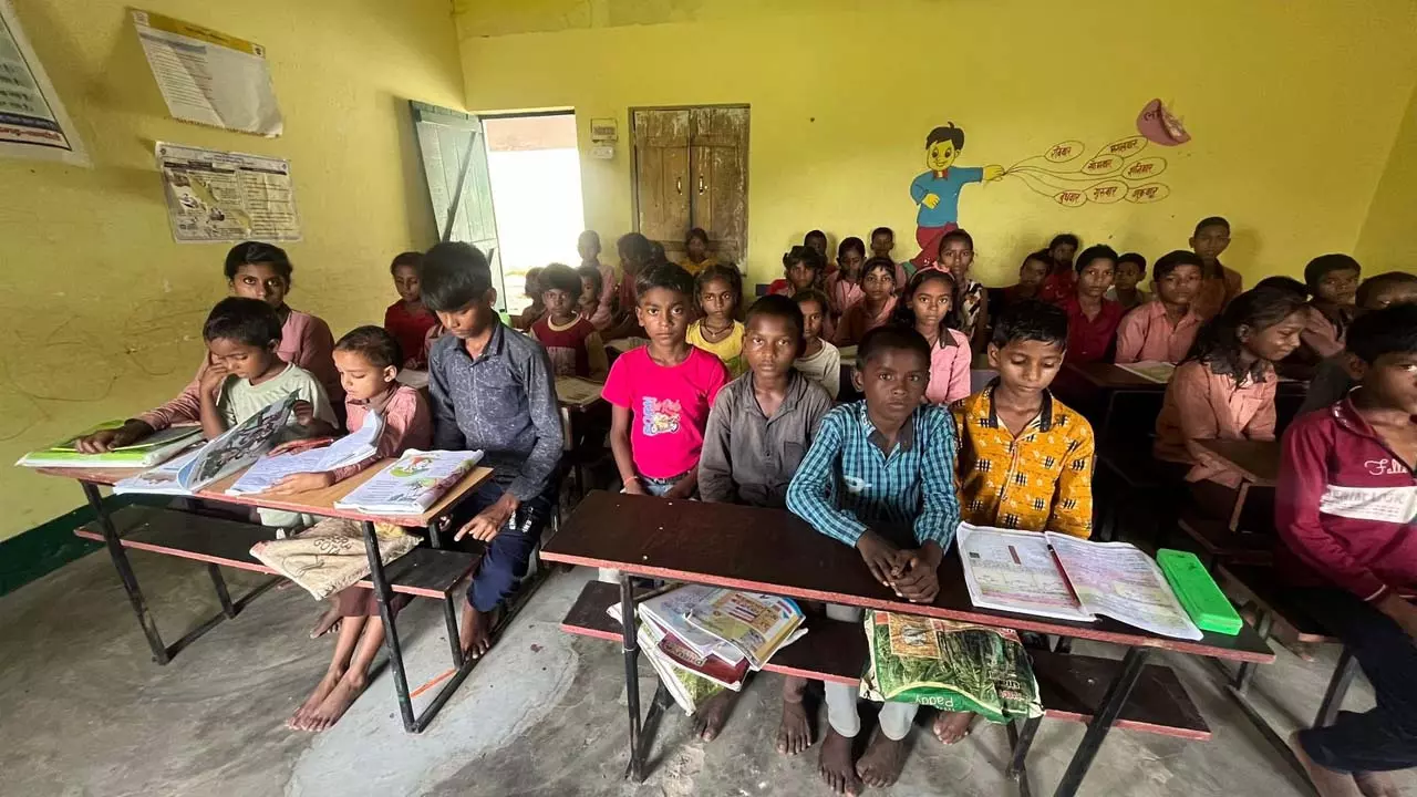 No primary school in Gahila village of Naugarh tehsil area, class of 58 children stuck in one room