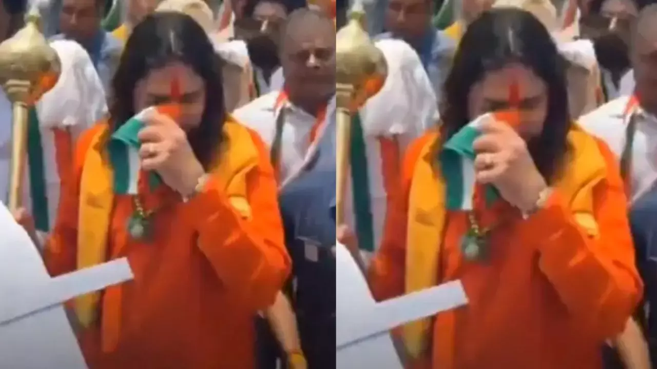 BJP MP Balmukund Acharya insulting flag in tiranga yatra in jaipur video viral congress demands action