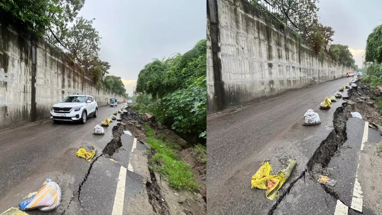 चिराग तले अंधेरा! लोहिया पथ की सर्विस लेन टूटकर नाले में गिरी, मार्ग पर रोशनी तक नहीं