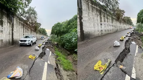 चिराग तले अंधेरा! लोहिया पथ की सर्विस लेन टूटकर नाले में गिरी, मार्ग पर रोशनी तक नहीं