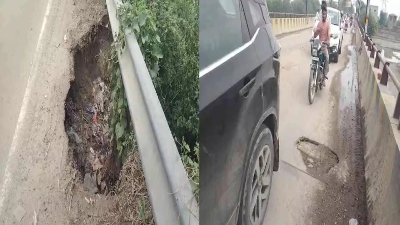 Mathura News: Panigaon Yamuna Bridge Road Collapse Raises Accident Fears | Mathura News: पानीगांव यमुना पुल पर धंसी सड़क से बड़ा खतरा, हादसों की आशंका | News Track in Hindi