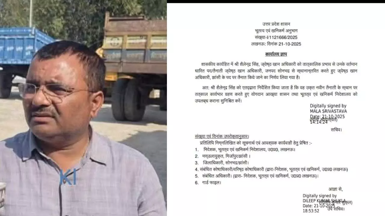 Sonbhadra: खनन विभाग में बड़ा फेरबदल, शैलेन्द्र सिंह सोनभद्र से झांसी स्थानांतरित, आरोपों और चर्चा Sonbhadra: खनन विभाग में बड़ा फेरबदल, शैलेन्द्र सिंह सोनभद्र से झांसी स्थानांतरित, आरोपों और चर्चा
