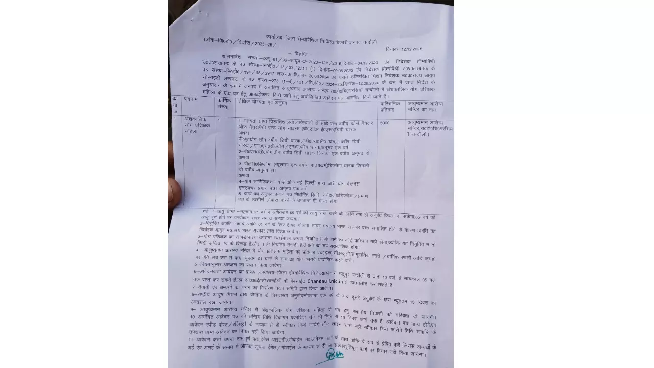 Part Time Female Yoga Instructor Recruitment in Chandauli 2025 â€“ â‚¹5000  Monthly Honorarium | Chandauli News: चंदौली में अंशकालिक महिला योग  प्रशिक्षक की भर्ती: ₹5000 मासिक मानदेय | News Track in Hindi