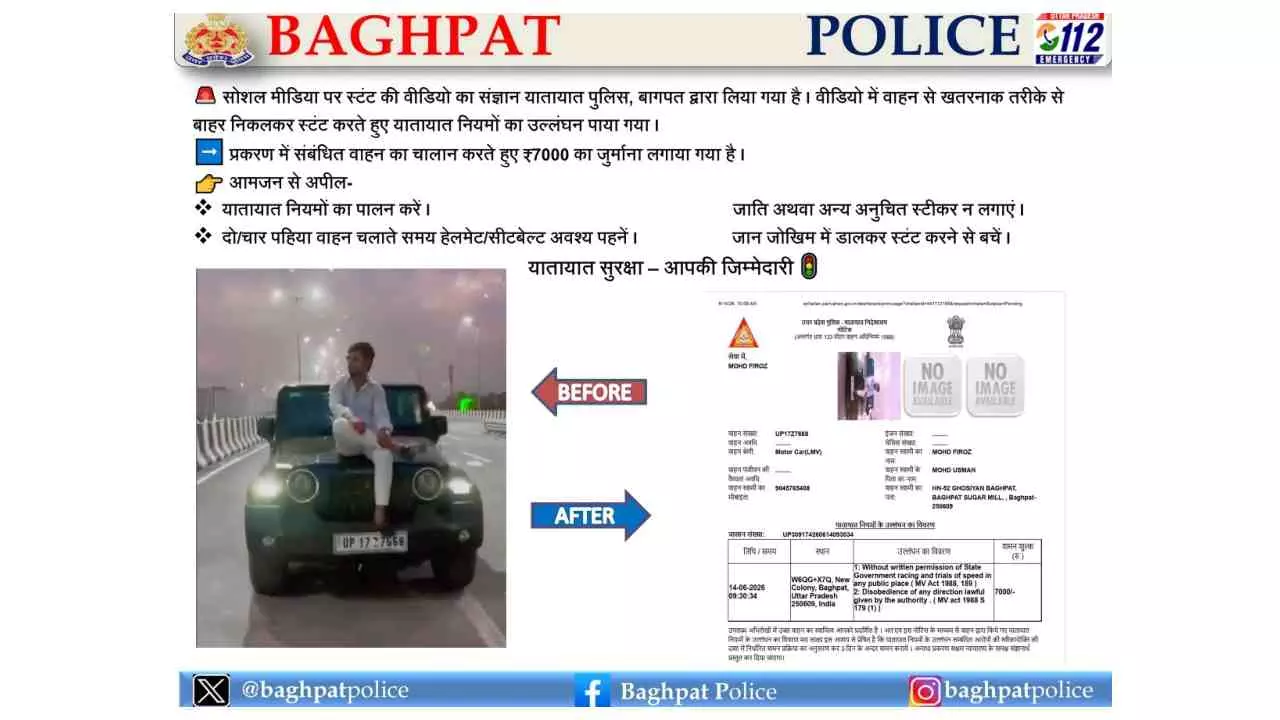 Baghpat News: एक्सप्रेसवे पर स्टंटबाजी पड़ी भारी, थार चालक पर 7 हजार का जुर्माना