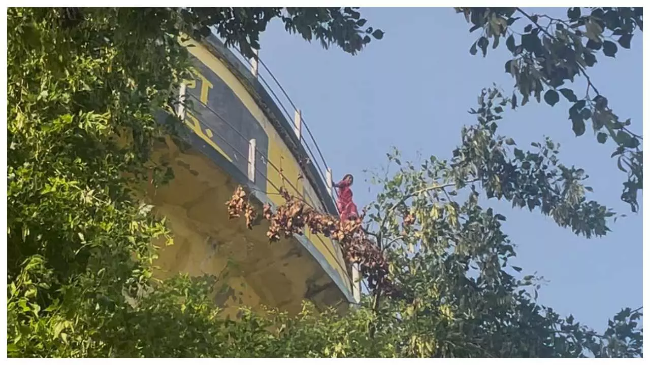 Woman climbing on water tank, Juti police and fire department team on occasion ( Woman climbing on water tank, Juti police and fire department team on occasion (