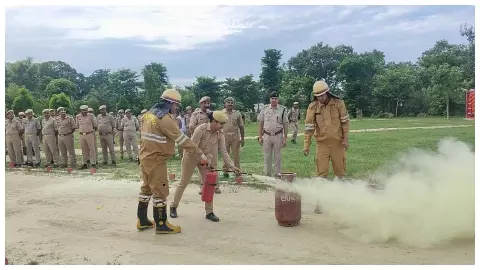 Fire safety mock drill in reserve police line, training policemen