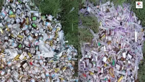 तालाब के पास बिखरी सुइयां और दवाइयों की शीशियां, ग्रामीण बोले- स्वास्थ्य से हो रहा खिलवाड़ तालाब के पास बिखरी सुइयां और दवाइयों की शीशियां, ग्रामीण बोले- स्वास्थ्य से हो रहा खिलवाड़