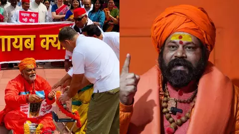 पप्पू यादव बने साधु, राहुल ने डाला दान...संसद परिसर में ड्रामे से भड़के महंत, कहा-जूता लेकर मारो...