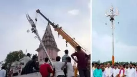 Ayodhya Maha Trishul: Indias Largest Maha Trishul Installed in Ayodhya, Devotees Gather
