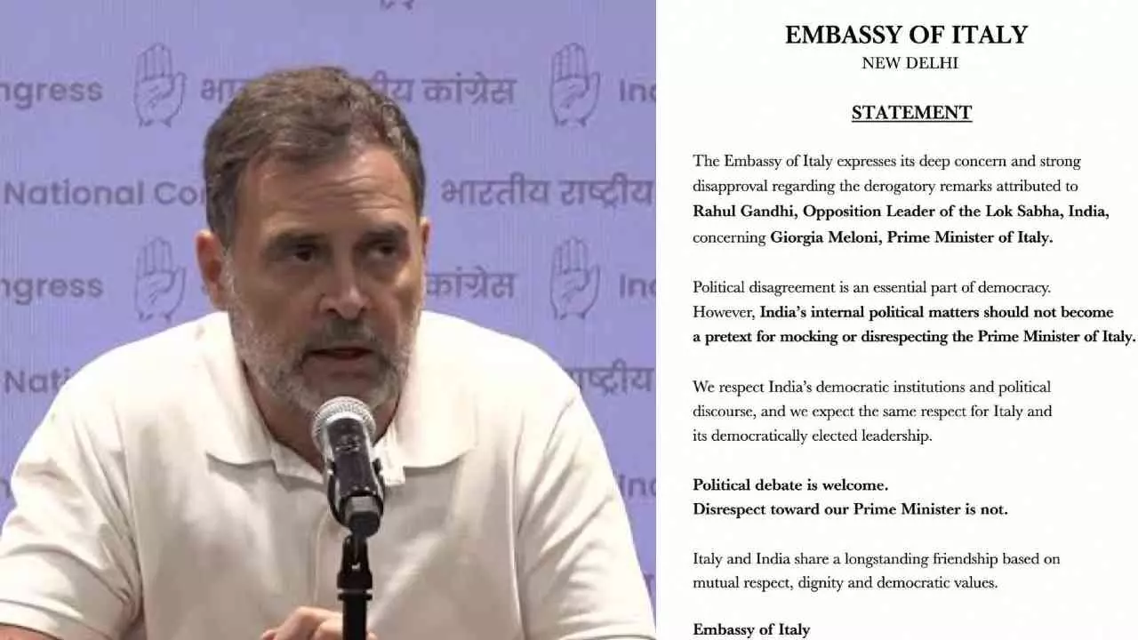Rahul Gandhi Remark on Italy PM: राहुल गांधी की टिप्पणी पर इटली का ऐतराज, मेलोनी के सम्मान की मांग Rahul Gandhi Remark on Italy PM: राहुल गांधी की टिप्पणी पर इटली का ऐतराज, मेलोनी के सम्मान की मांग
