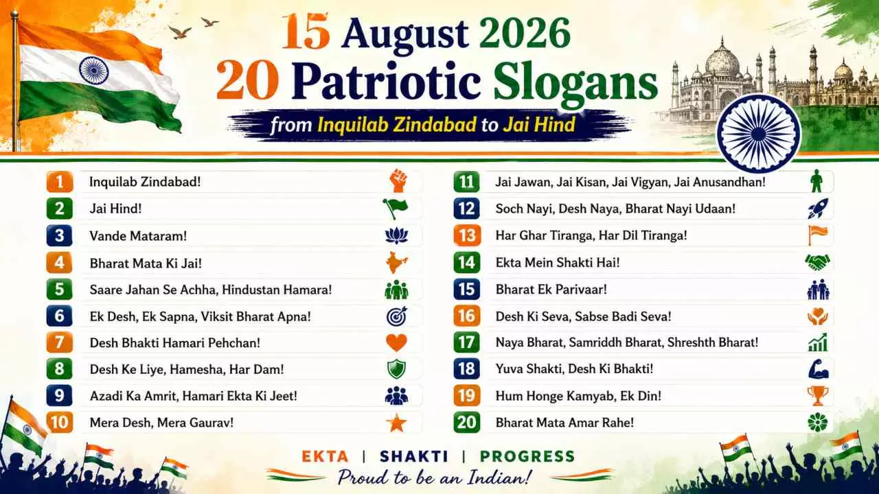 15 August 2026 Slogans: 20 Patriotic Slogans from Inquilab Zindabad to Jai Hind 15 August 2026 Slogans: 20 Patriotic Slogans from Inquilab Zindabad to Jai Hind