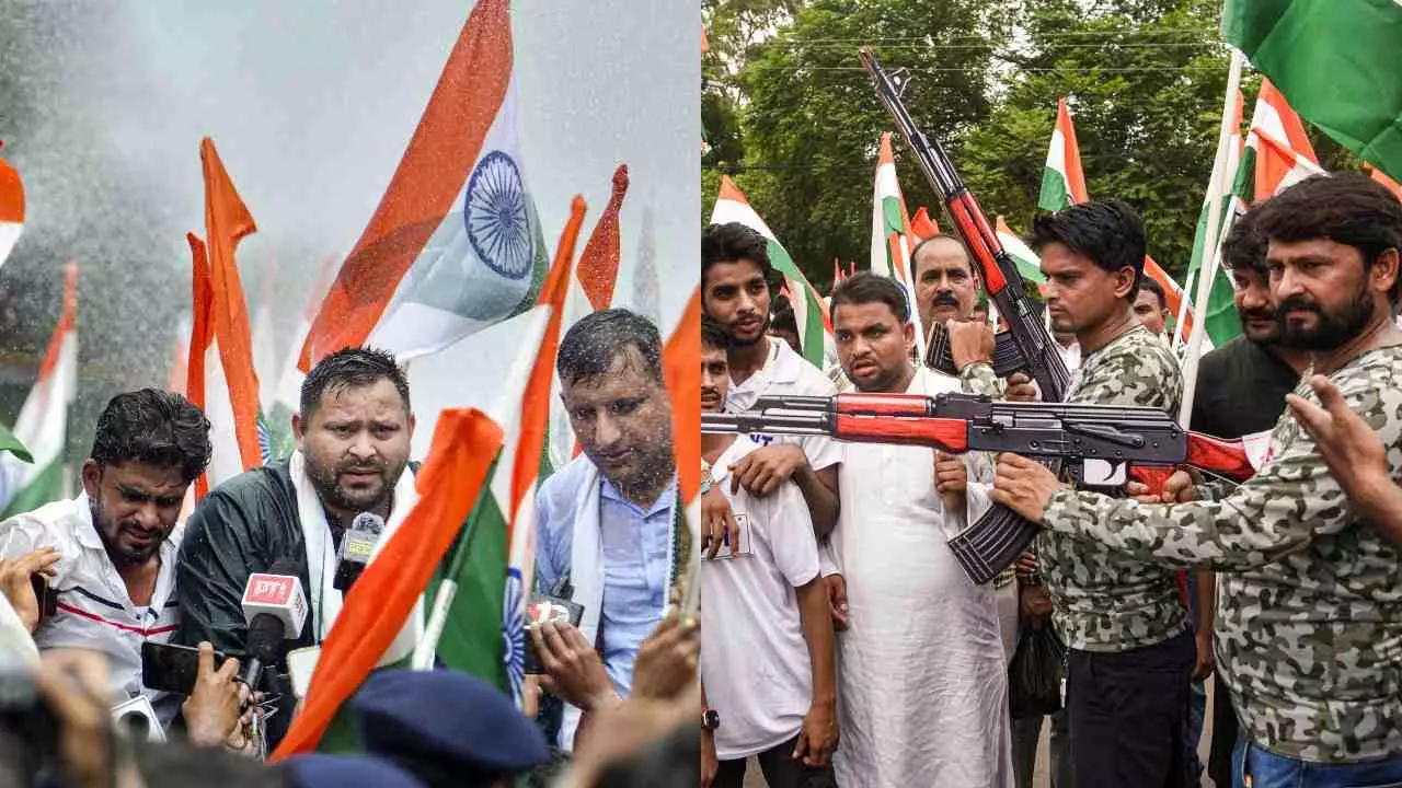 बिहार में तेजस्वी का हल्लाबोल! AK-47 लेकर सड़क पर उतरे RJD कार्यकर्ता, लोकभवन मार्च में हाईवोल्टेज ड्रामा