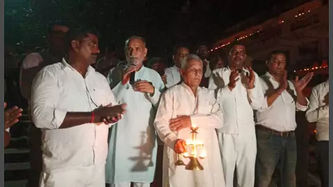 Mahadevi Ganga Ghat lit up with lamps on PM Modis birthday in Kannauj