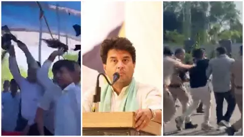 सिंधिया के भाषण के बीच अचानक मचा हंगामा, काले झंडे दिखाए जाने के बाद भिड़े कार्यकर्ता