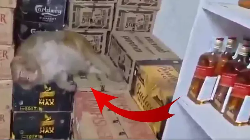 VIDEO: शराब की दुकान में घुसी बंदरिया, बोतल से जमकर पी शराब और वहीं हो गई टुन्न!