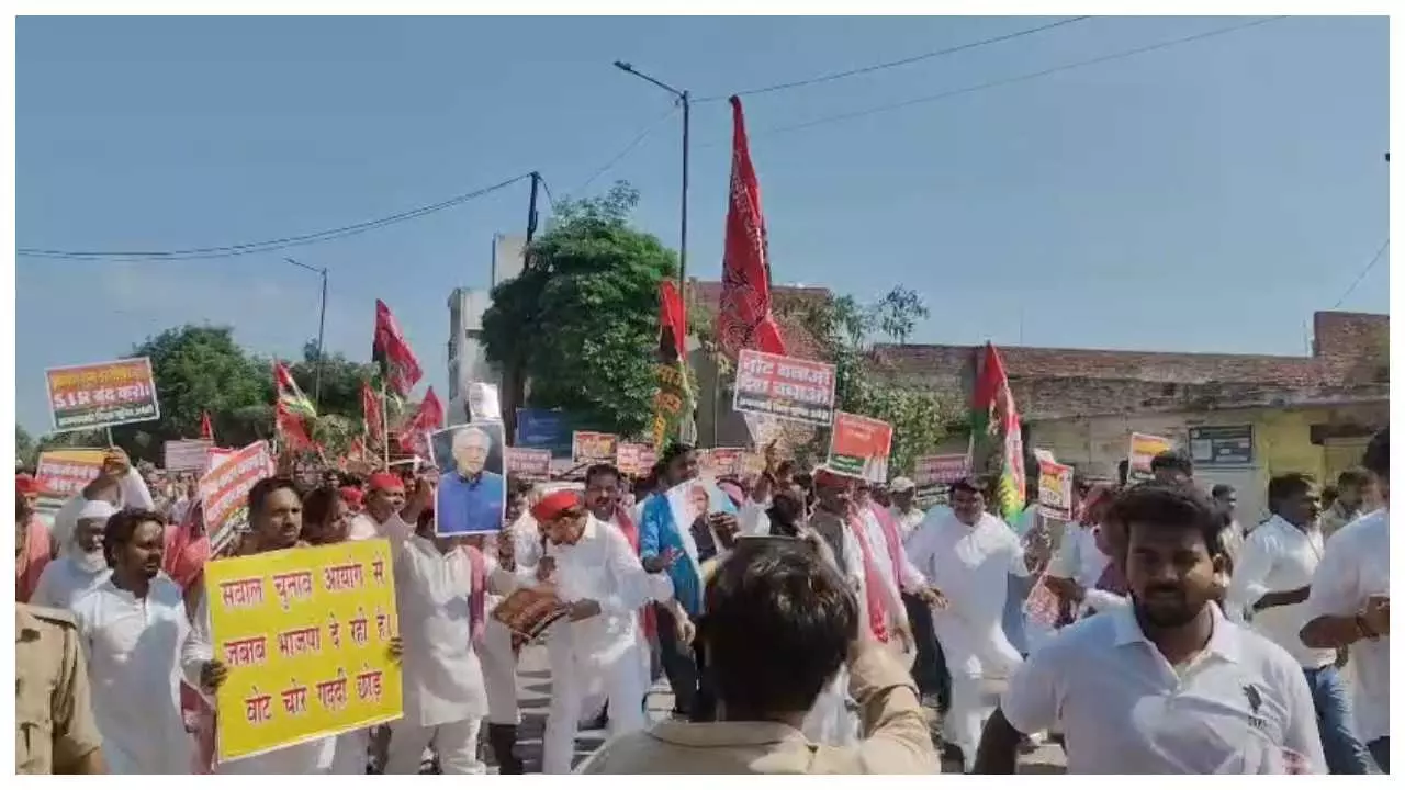 SP protests against Election Commission, demands resignation of Gyanesh Kumar SP protests against Election Commission, demands resignation of Gyanesh Kumar