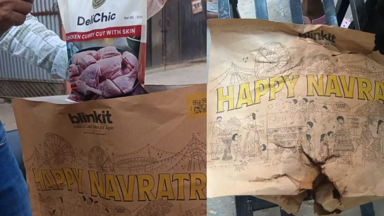 Happy Navratri written Happy Navratri Riots over chicken delivery in carrier bag, anger in Hindu organizations